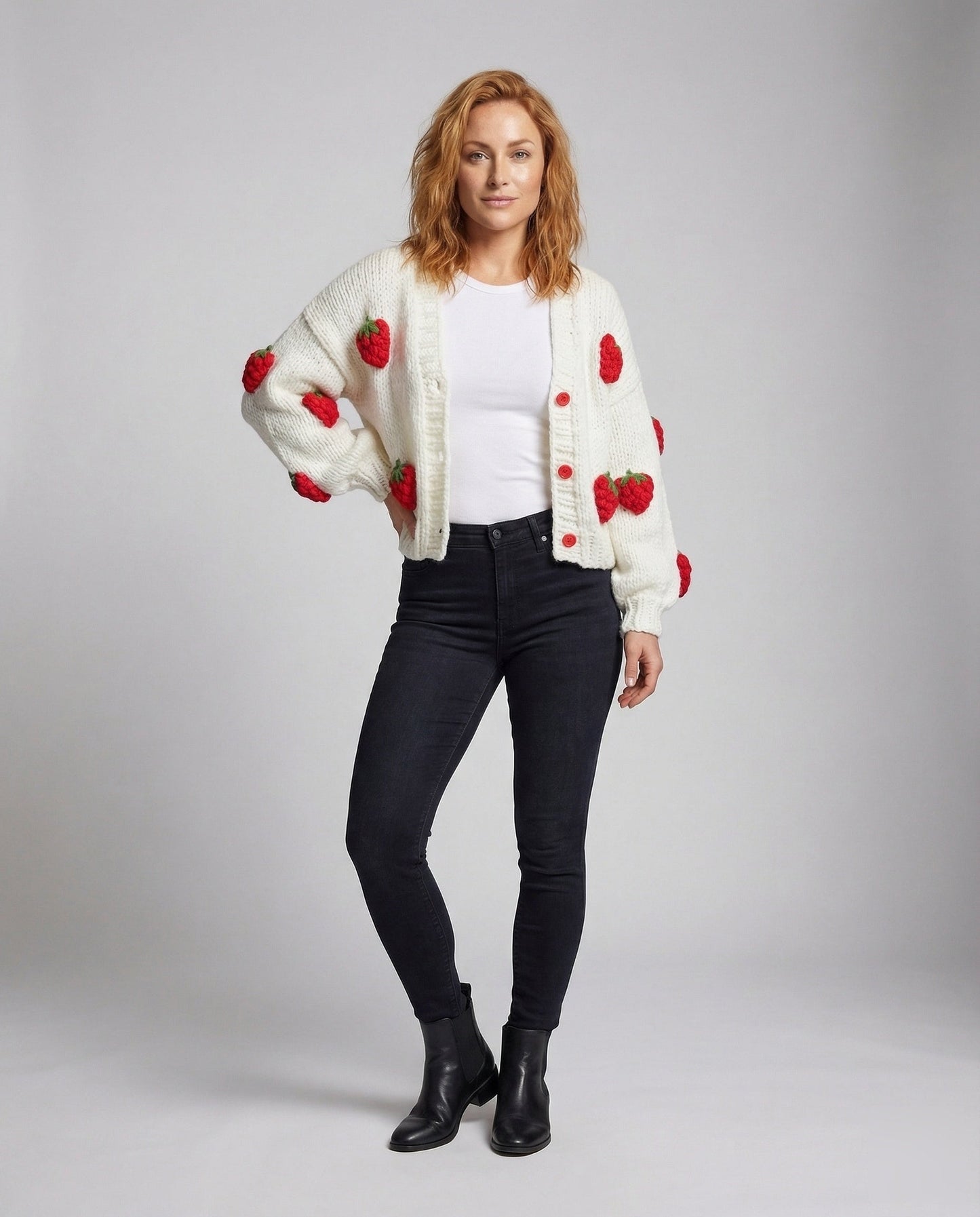 Damen Strickjacke Handgestrickt Erdbeer-Farbe - Norvielle