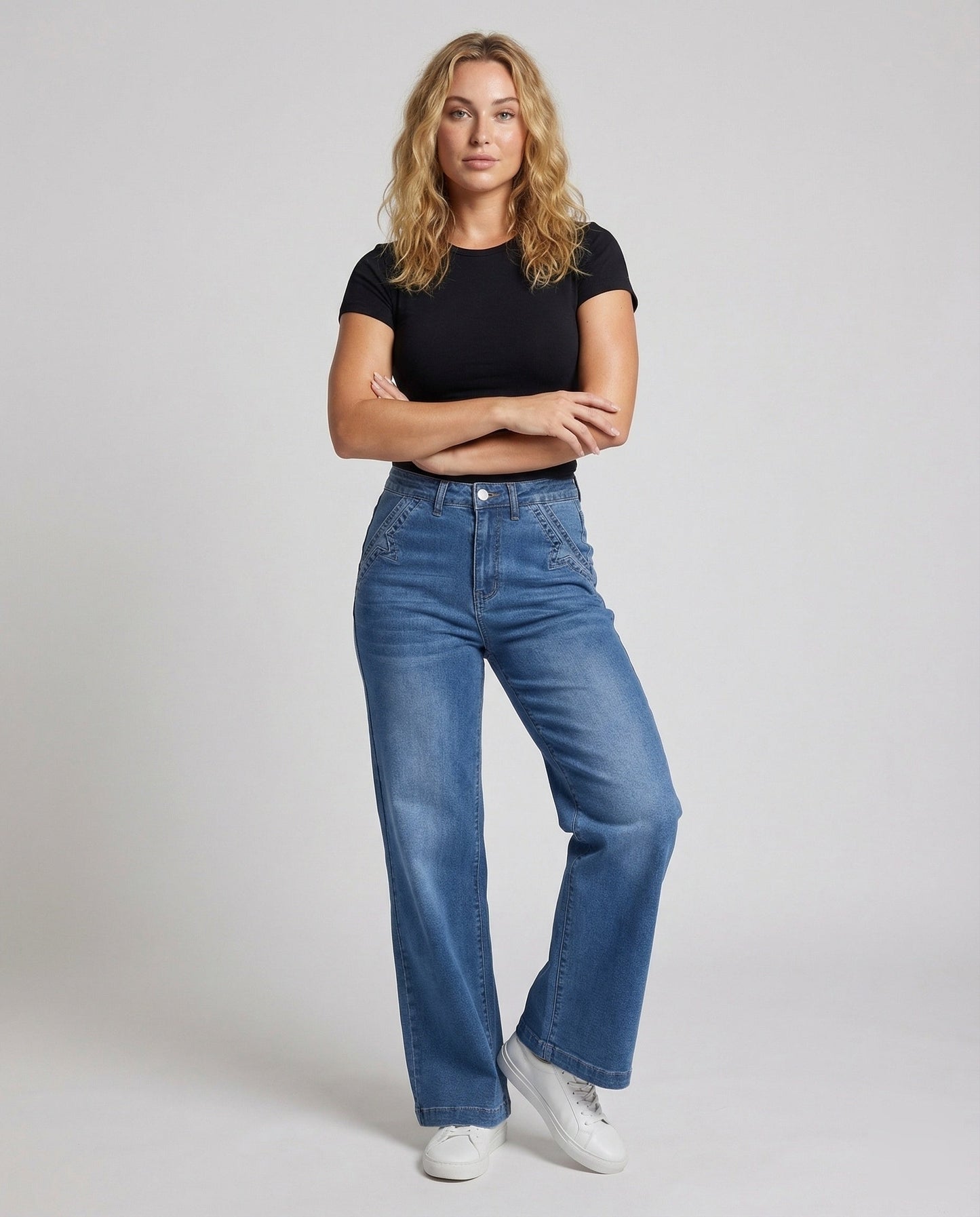 Damen Weite Denim-Hose Hochgeschnitten Leicht Blau - Norvielle