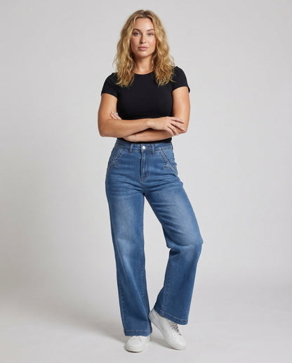 Damen Weite Denim-Hose Hochgeschnitten Leicht Blau - Norvielle