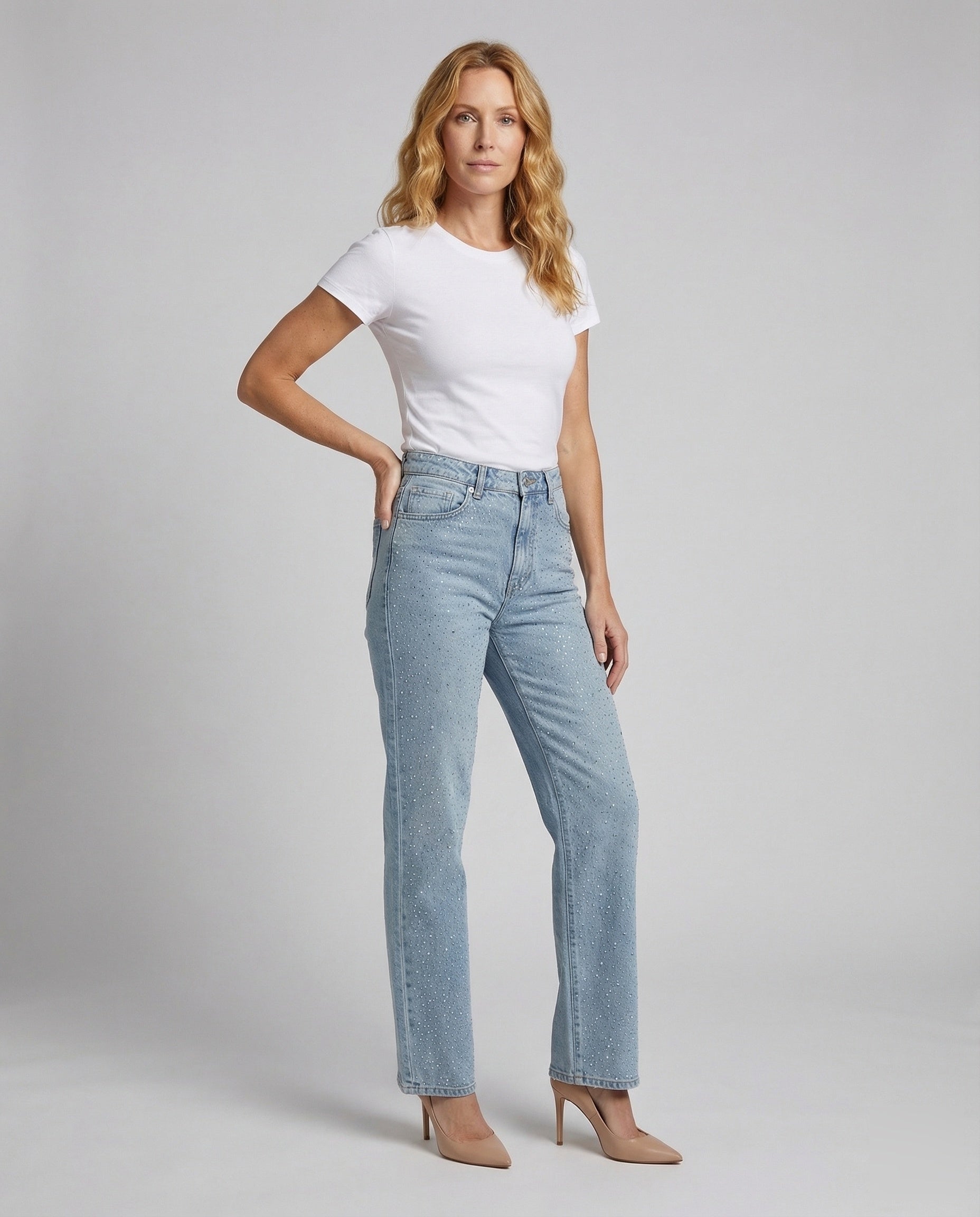 Damen Hochtaillierte Denim-Jeans Strass Blau - Norvielle