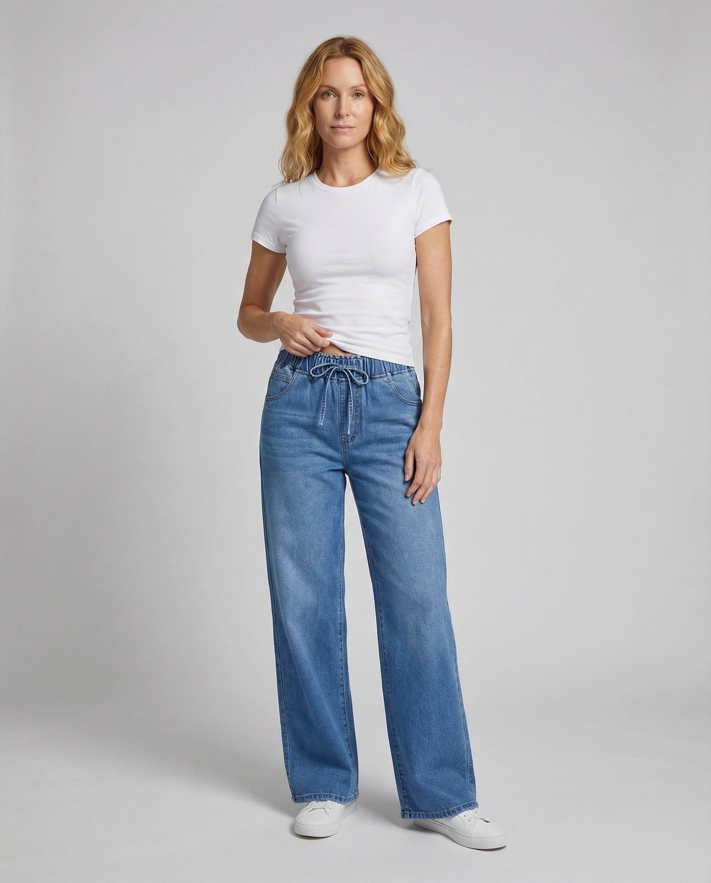 Damen Hochtaillierte Palazzohose Denim Tunnelzug - Norvielle