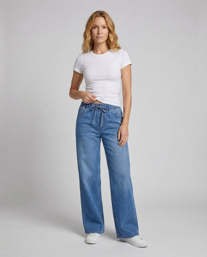 Damen Hochtaillierte Palazzohose Denim Tunnelzug - Norvielle