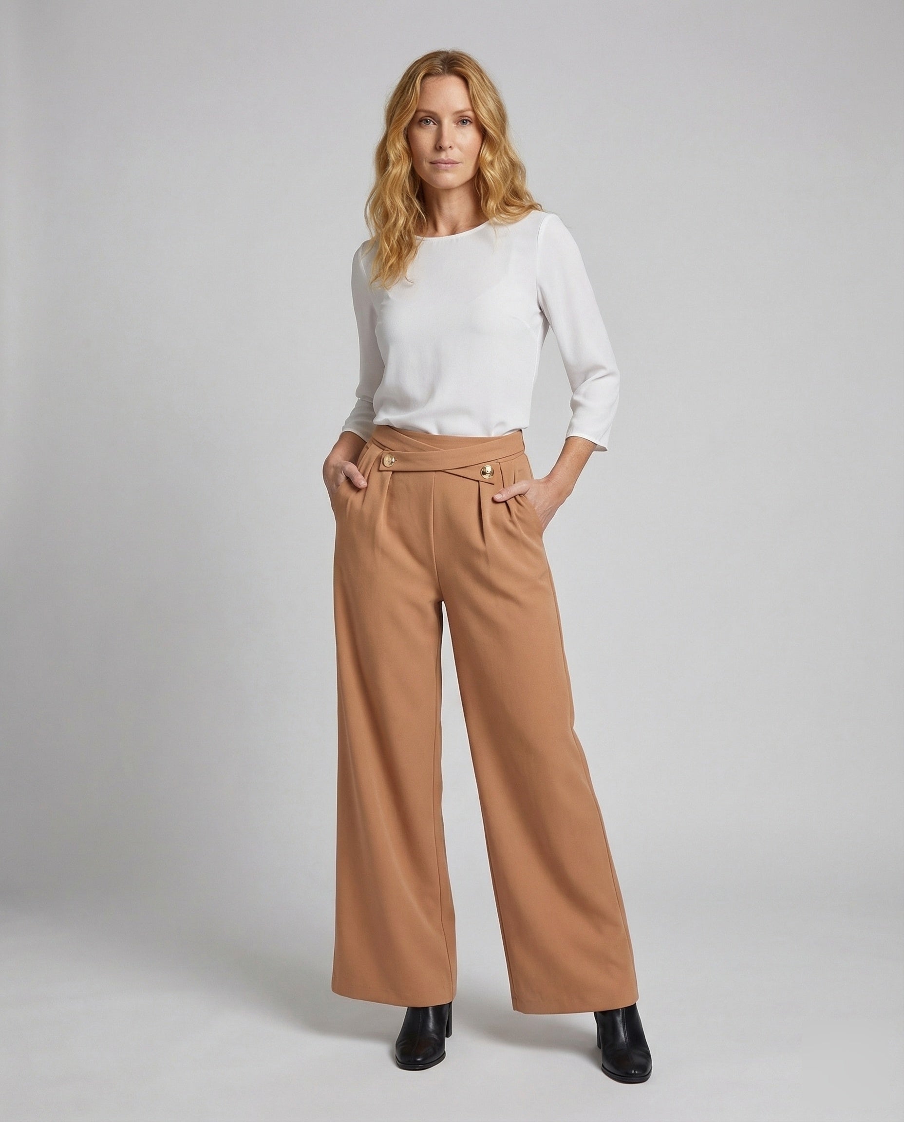 Damen Hochtaillierte Bundhose Drapiert Schwarz - Norvielle