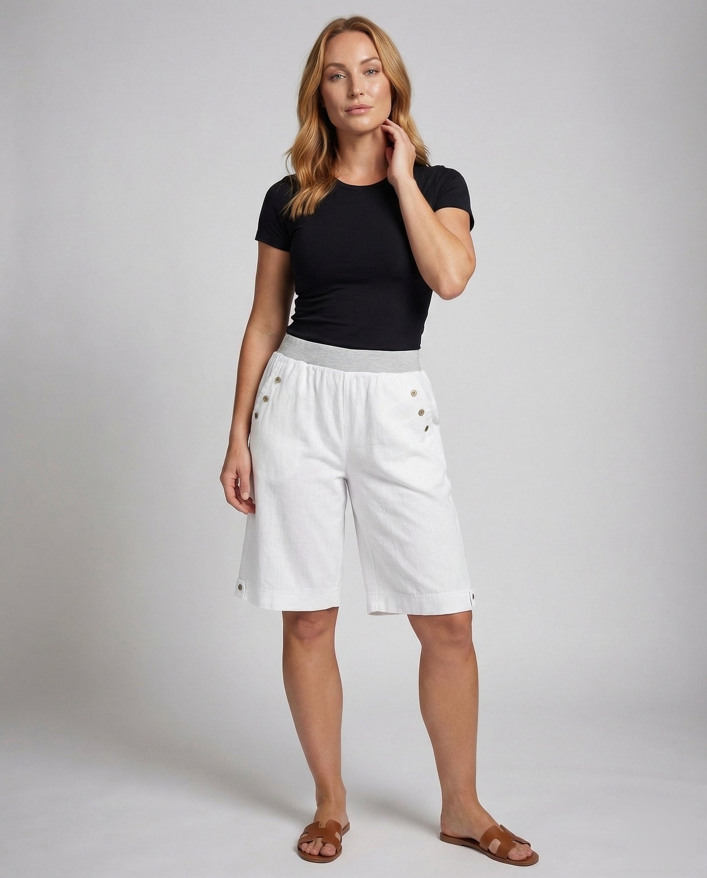 Damen Leinen-Bermuda Knielang Beige - Norvielle