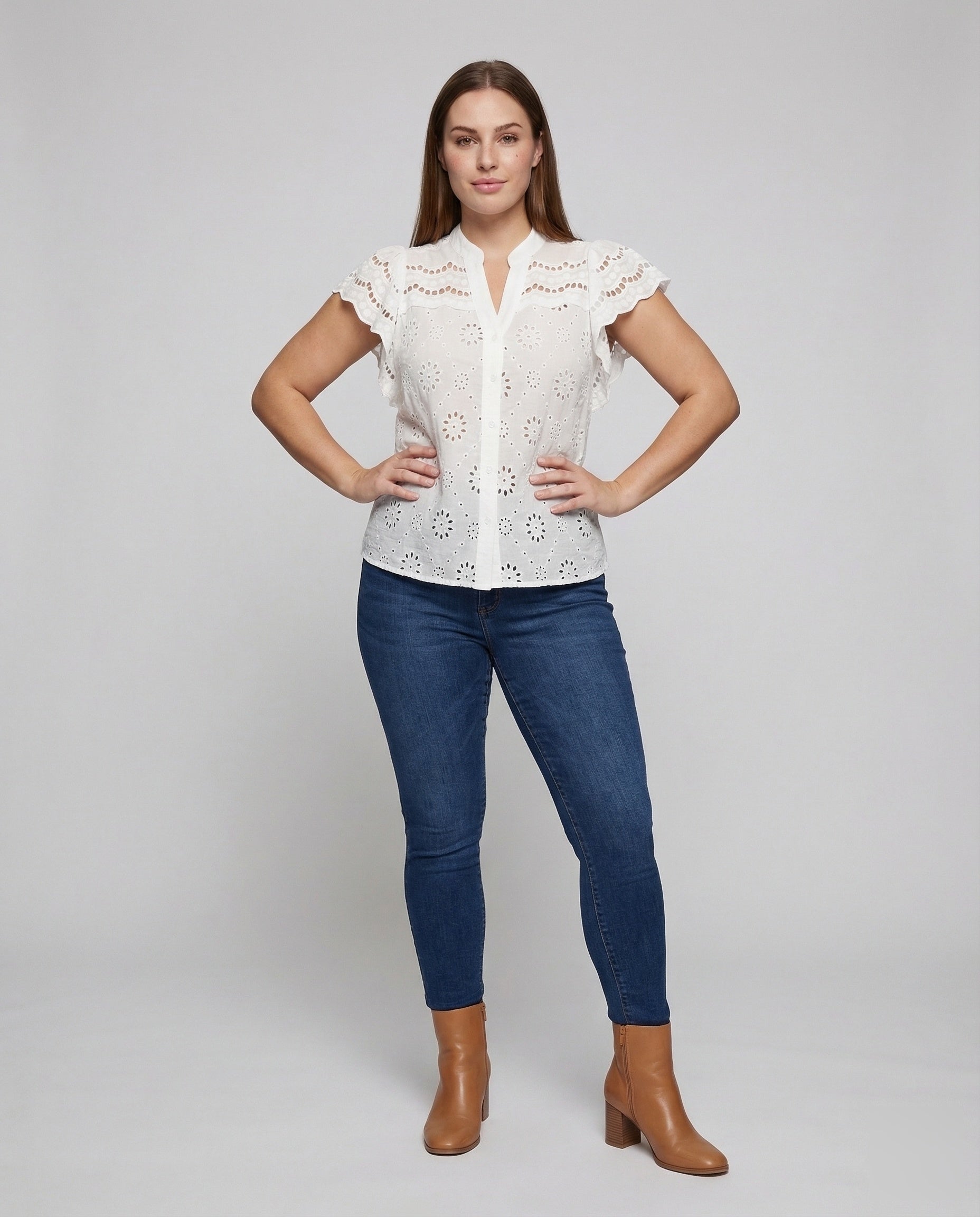 Damen Broderie Anglaise Bluse Kurzärmelig - Norvielle