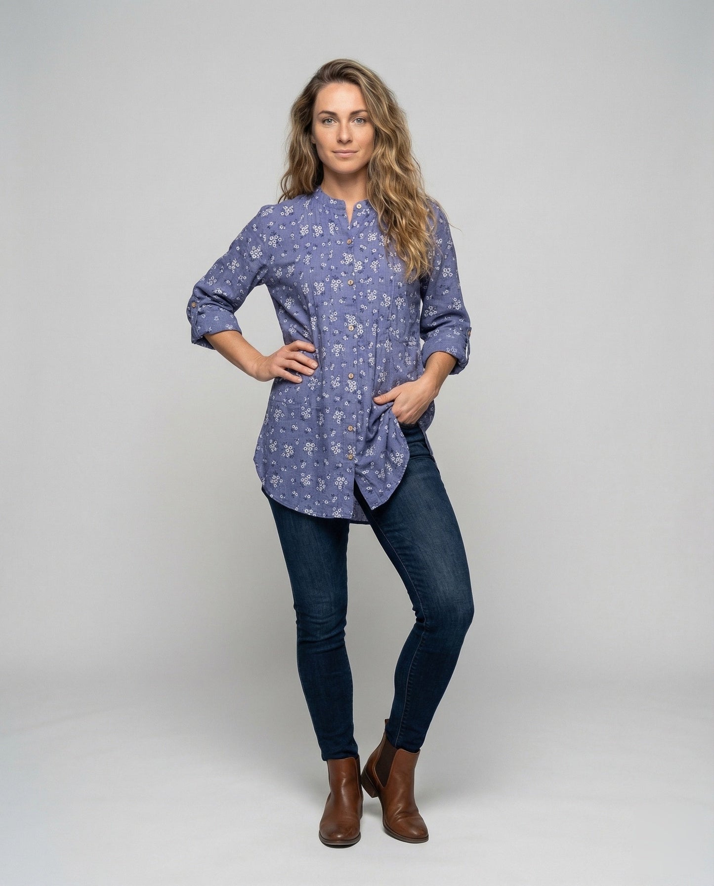 Damen Leinenmix Kleid Lang Blusenstil - Norvielle