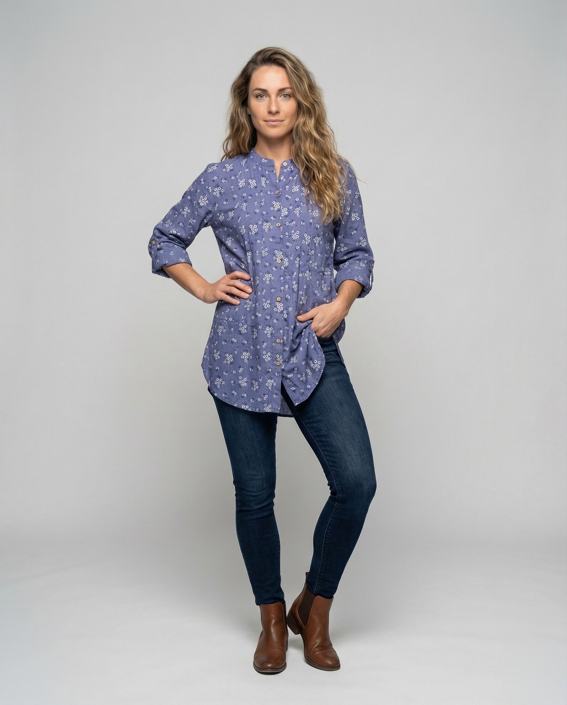 Damen Leinenmix Kleid Lang Blusenstil - Norvielle
