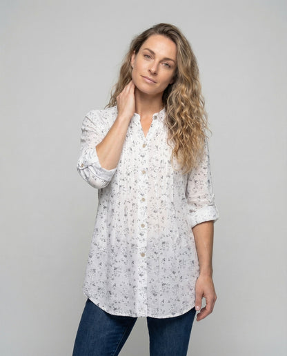 Damen Leinen-Tunika Floralmuster Leicht Beige
