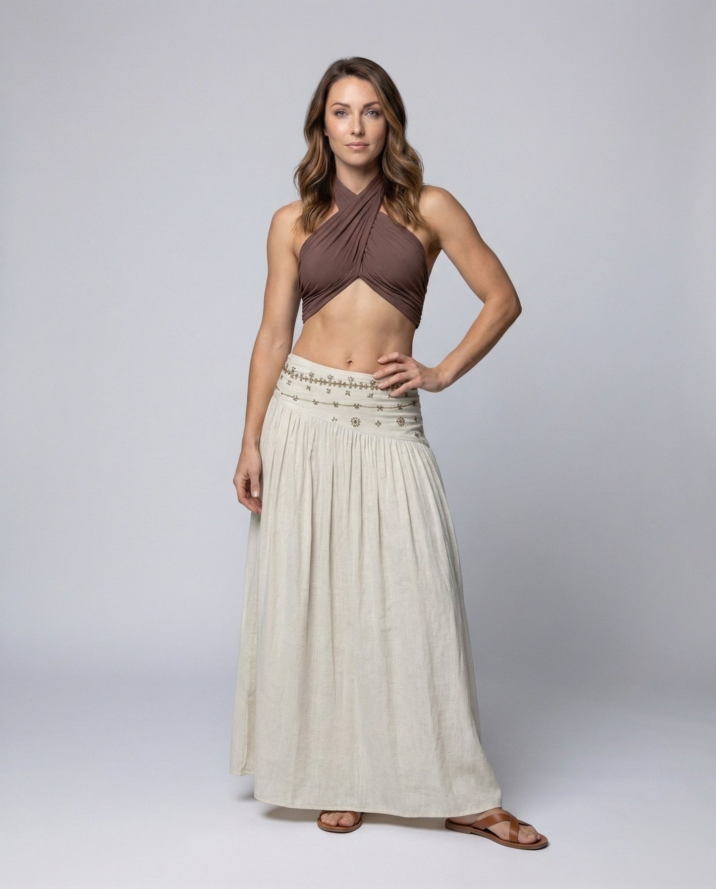 Damen Leinen Maxirock Bestickt Taillenpasse A-Linie Beige - Norvielle