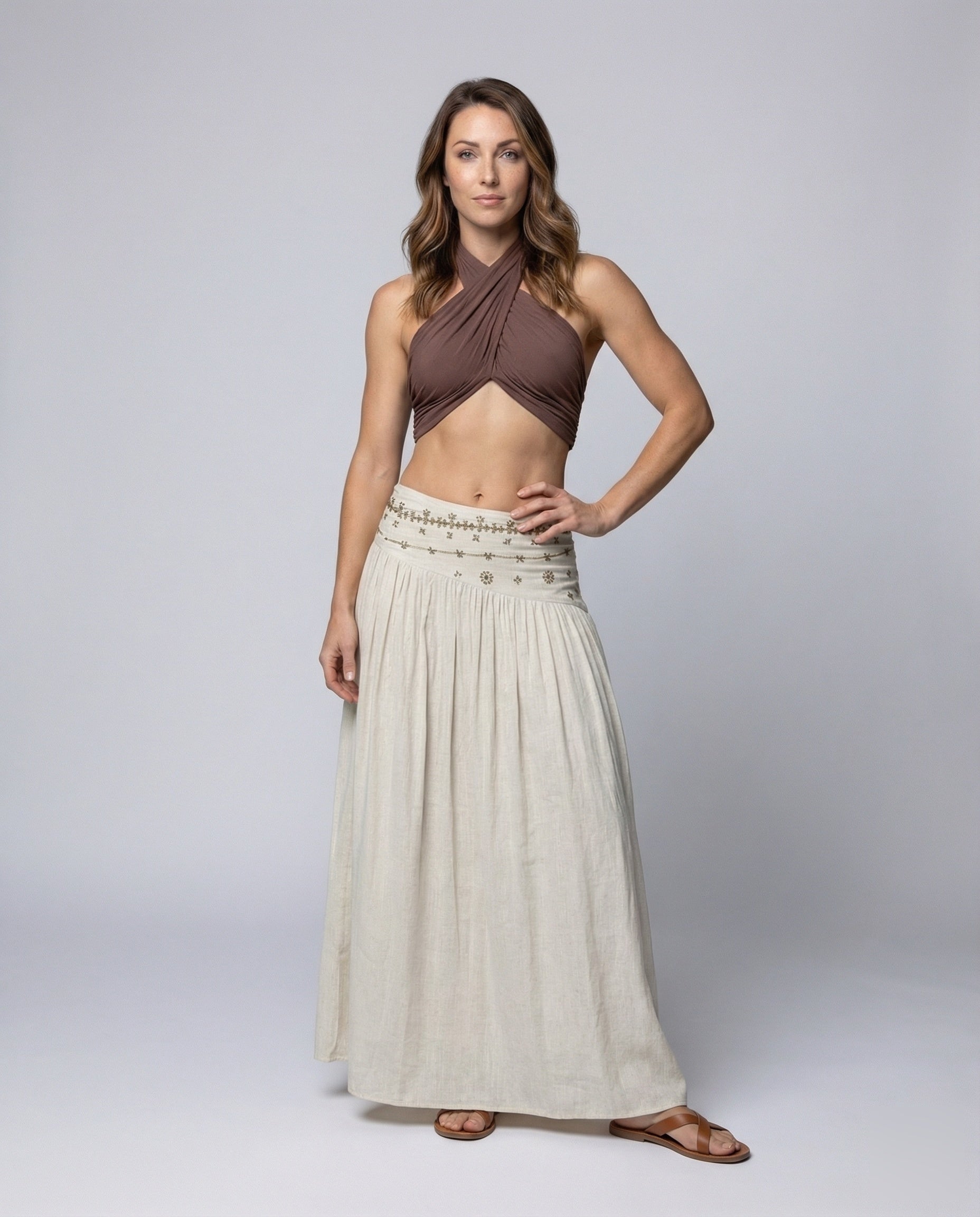 Damen Leinen Maxirock Bestickt Taillenpasse A-Linie Beige - Norvielle