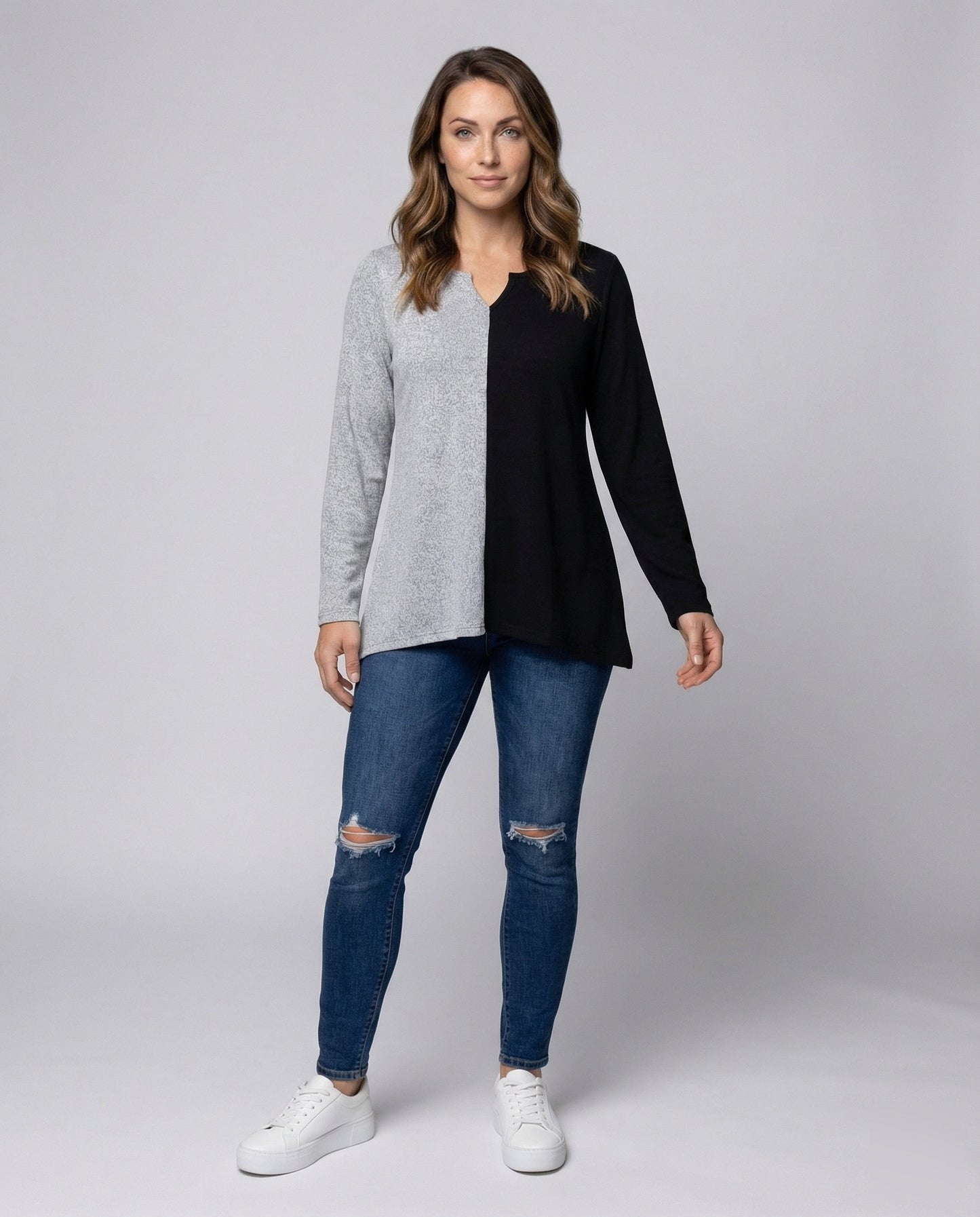 Damen Bluse V-Ausschnitt Dreiviertelärmel Knotendetail - Norvielle