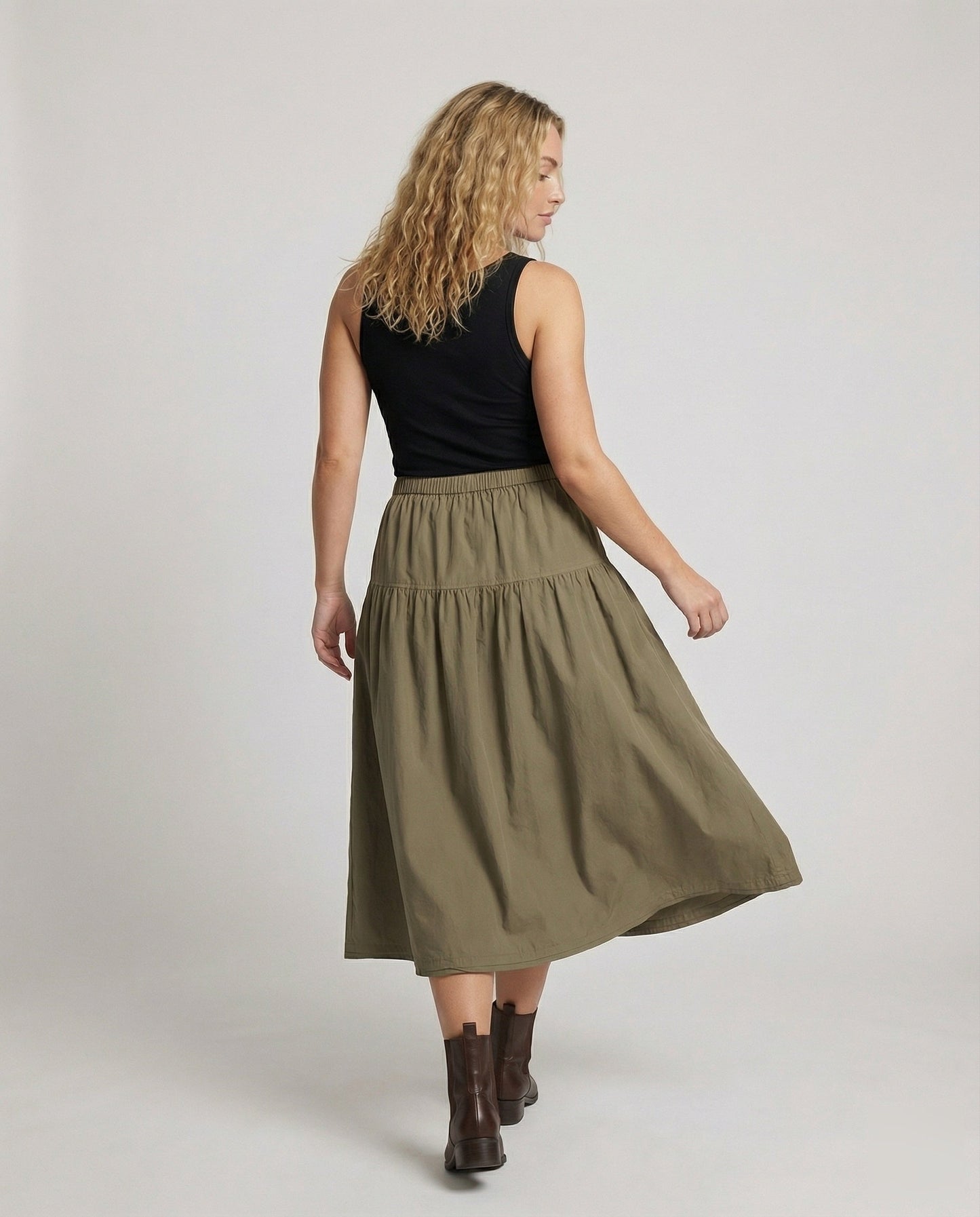 Damen Midi-Stufenrock Weich Gummibund