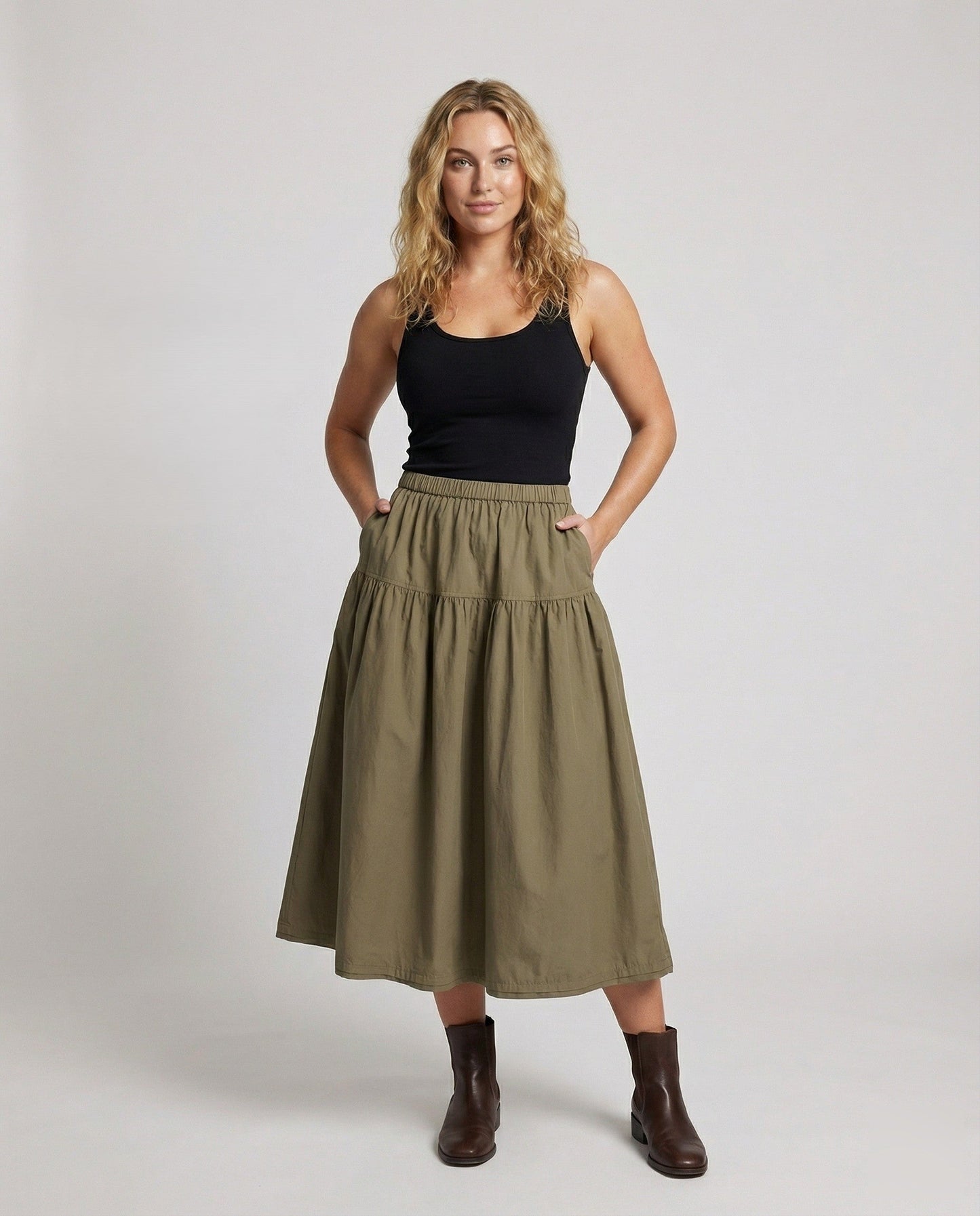 Damen Midi-Stufenrock Weich Gummibund - Norvielle