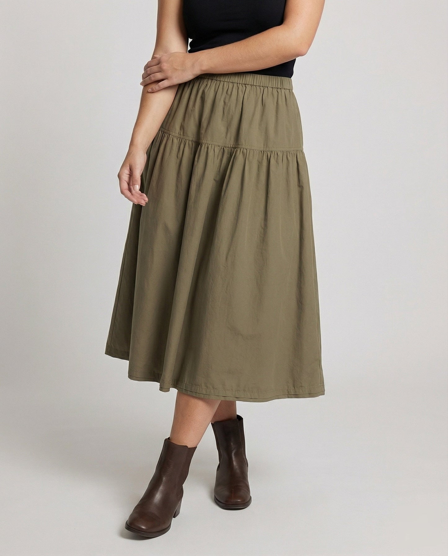 Damen Midi-Stufenrock Weich Gummibund
