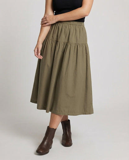 Damen Midi-Stufenrock Weich Gummibund