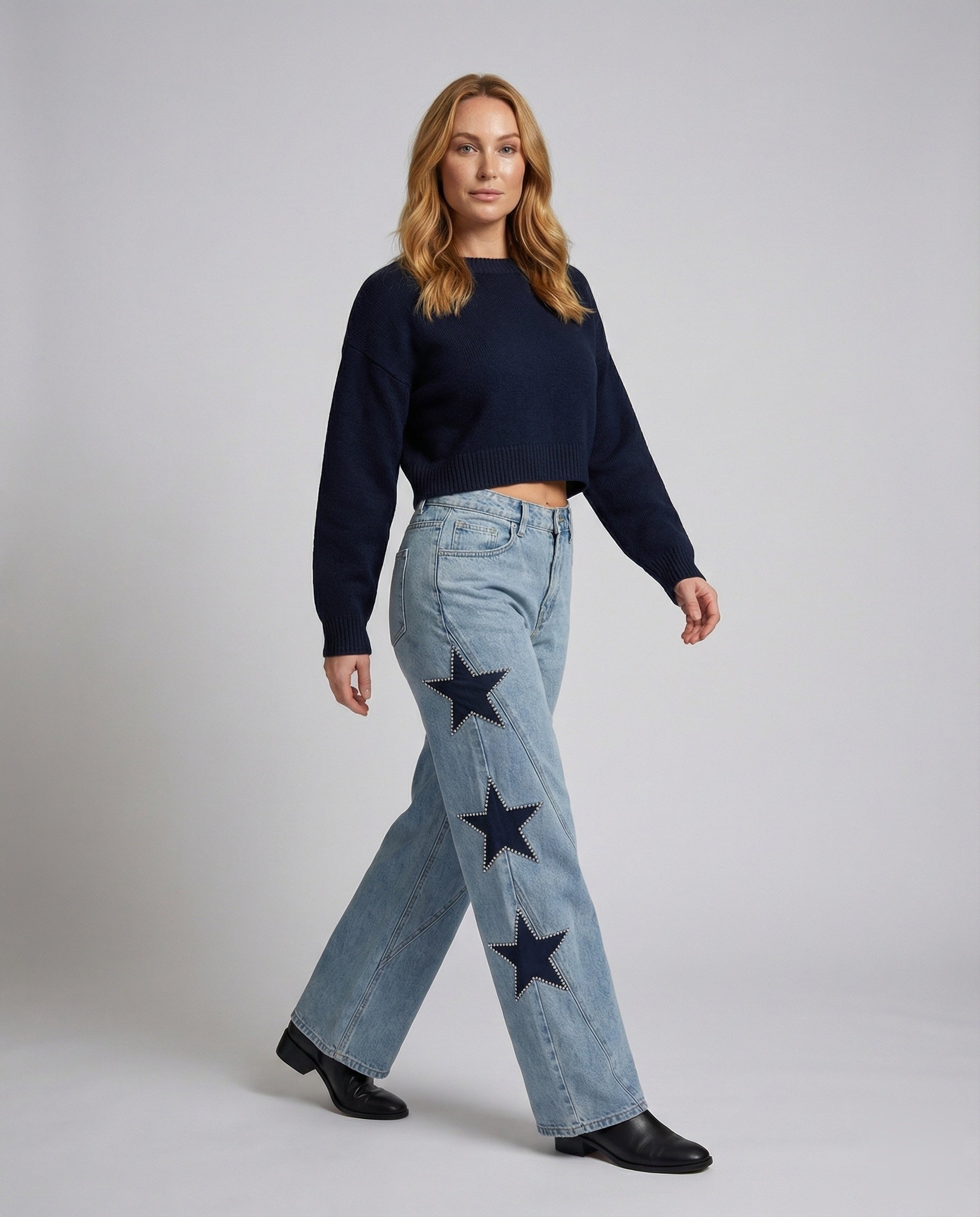 Damen Palazzo-Hosen Weite Fit Sternen-Applikationen - Norvielle
