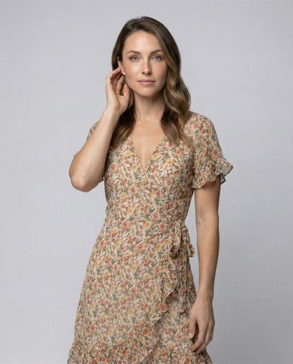 Damen Wickelkleid Asymmetrischer Rüschensaum