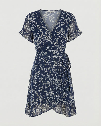 Damen Wickelkleid Asymmetrischer Rüschensaum