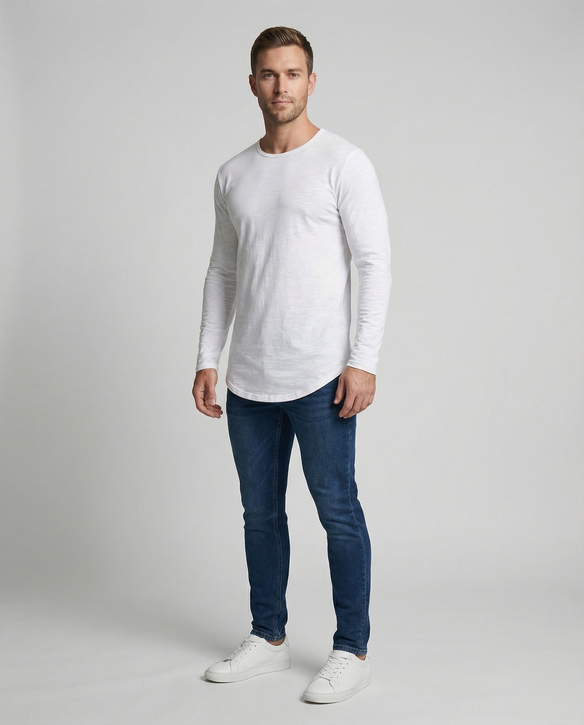 Herren Langarmshirt Rundsaum Baumwolle Weiß - Norvielle