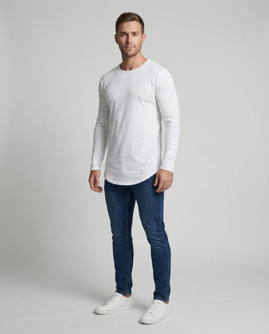 Herren Langarmshirt Rundsaum Baumwolle Weiß - Norvielle