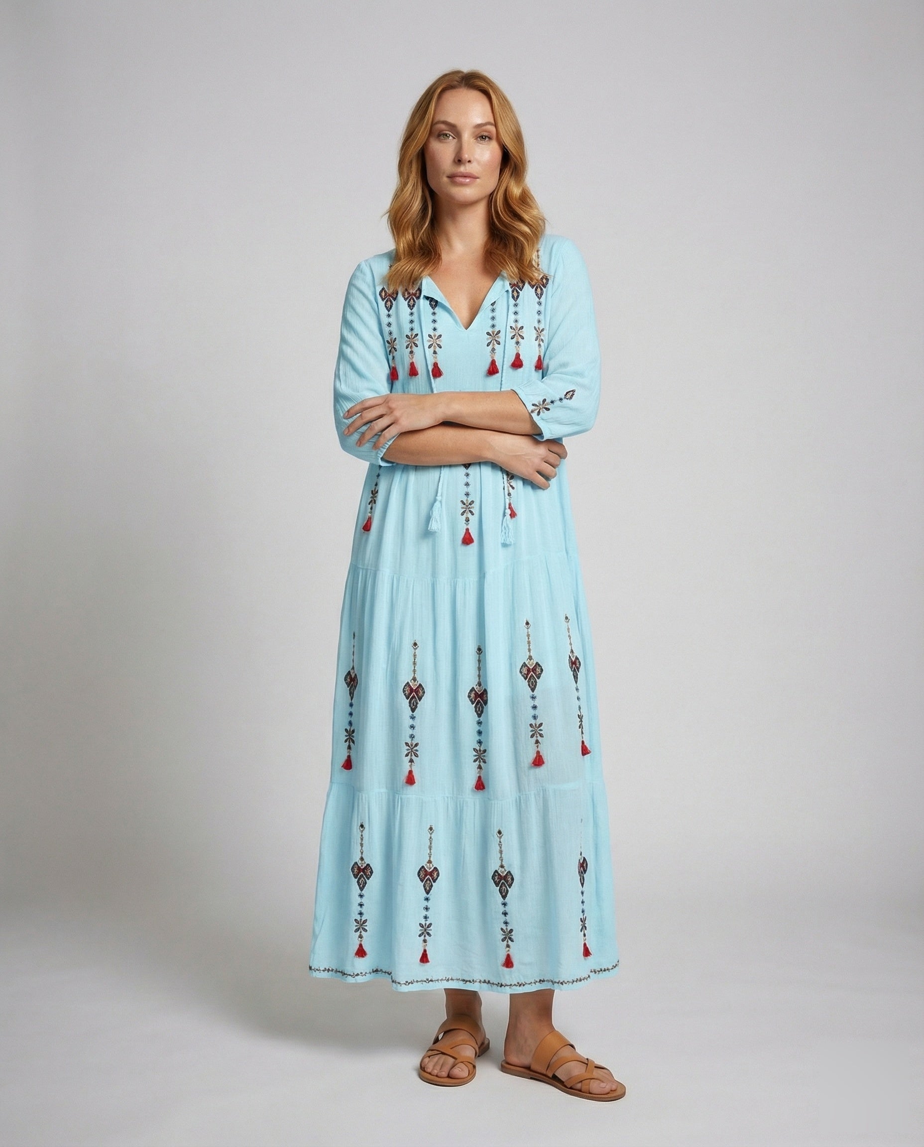 Damen Maxikleid mit V-Ausschnitt Bestickung - Norvielle