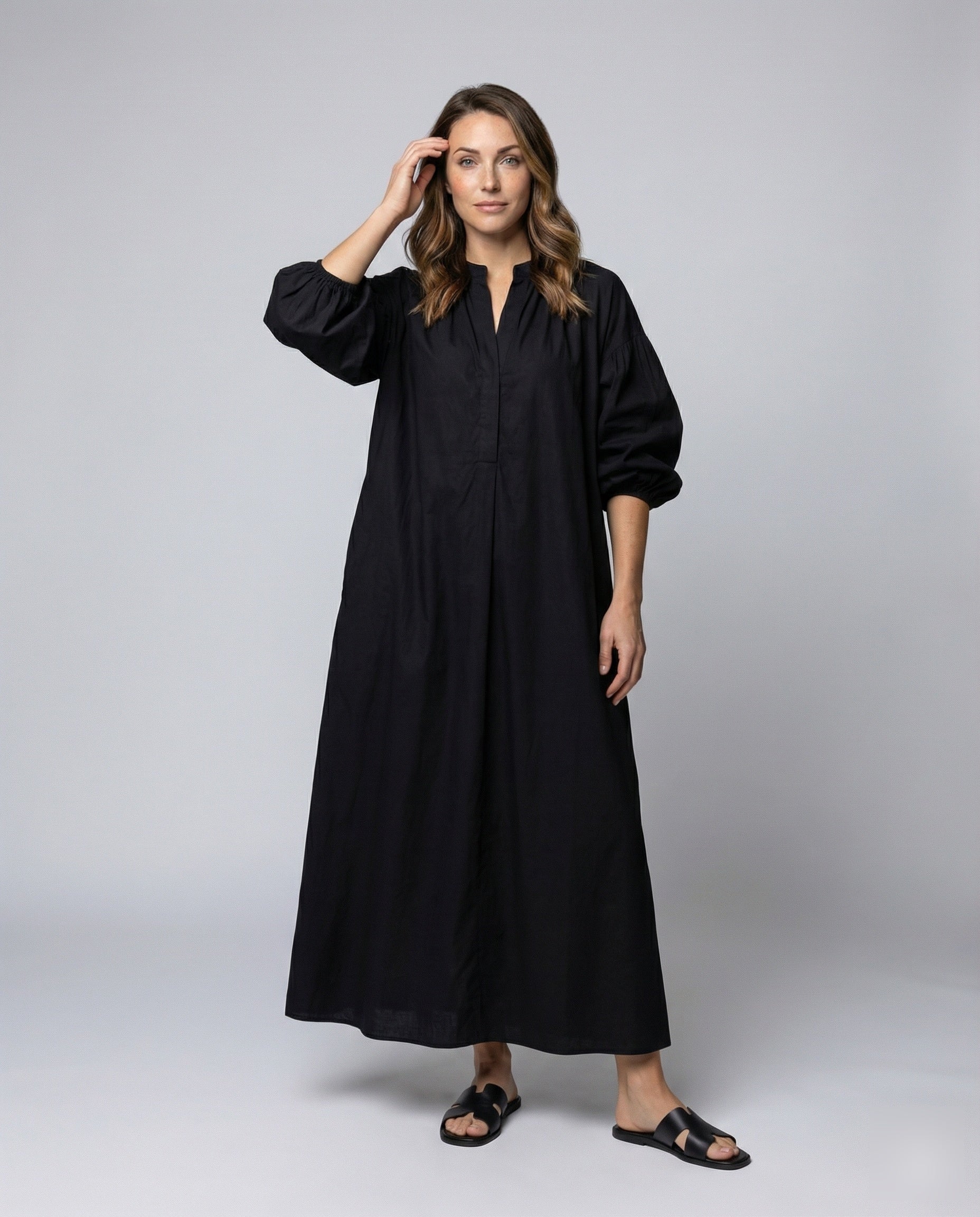 Damen Oversize Hemdkleid Bodenlang Baumwolle Schwarz - Norvielle