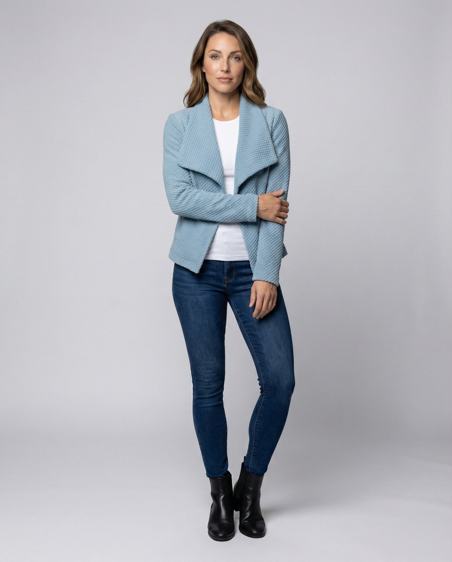 Damen Bouclé Kurzcardigan Wasserfallkragen - Norvielle