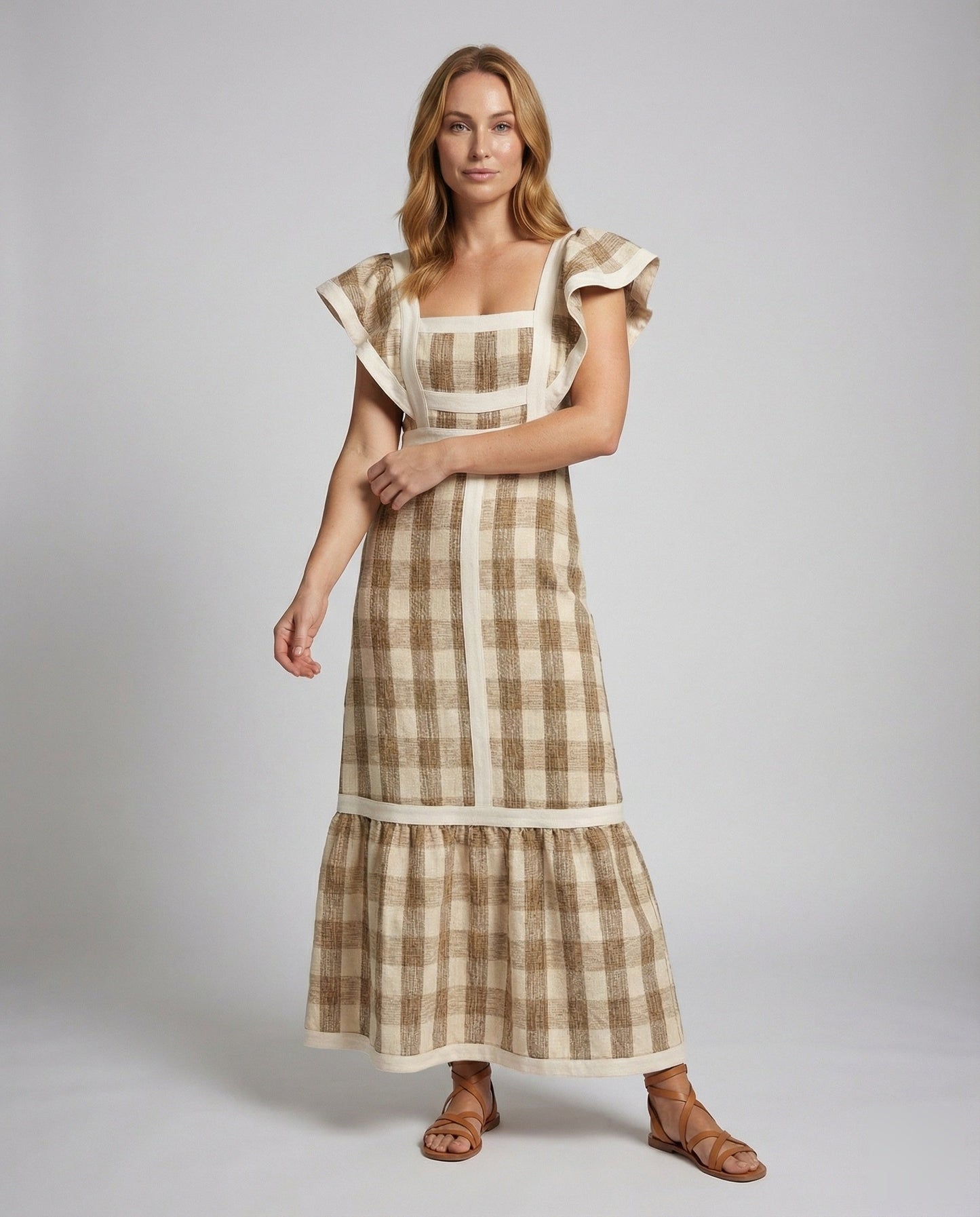 Damen Maxikleid Kariert Rüschenträger - Norvielle