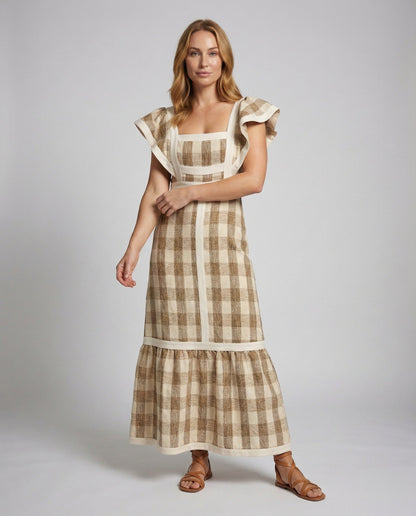 Damen Maxikleid Kariert Rüschenträger - Norvielle