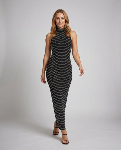 Damen Maxikleid Figurbetont Mesh Strass Schwarz - Norvielle