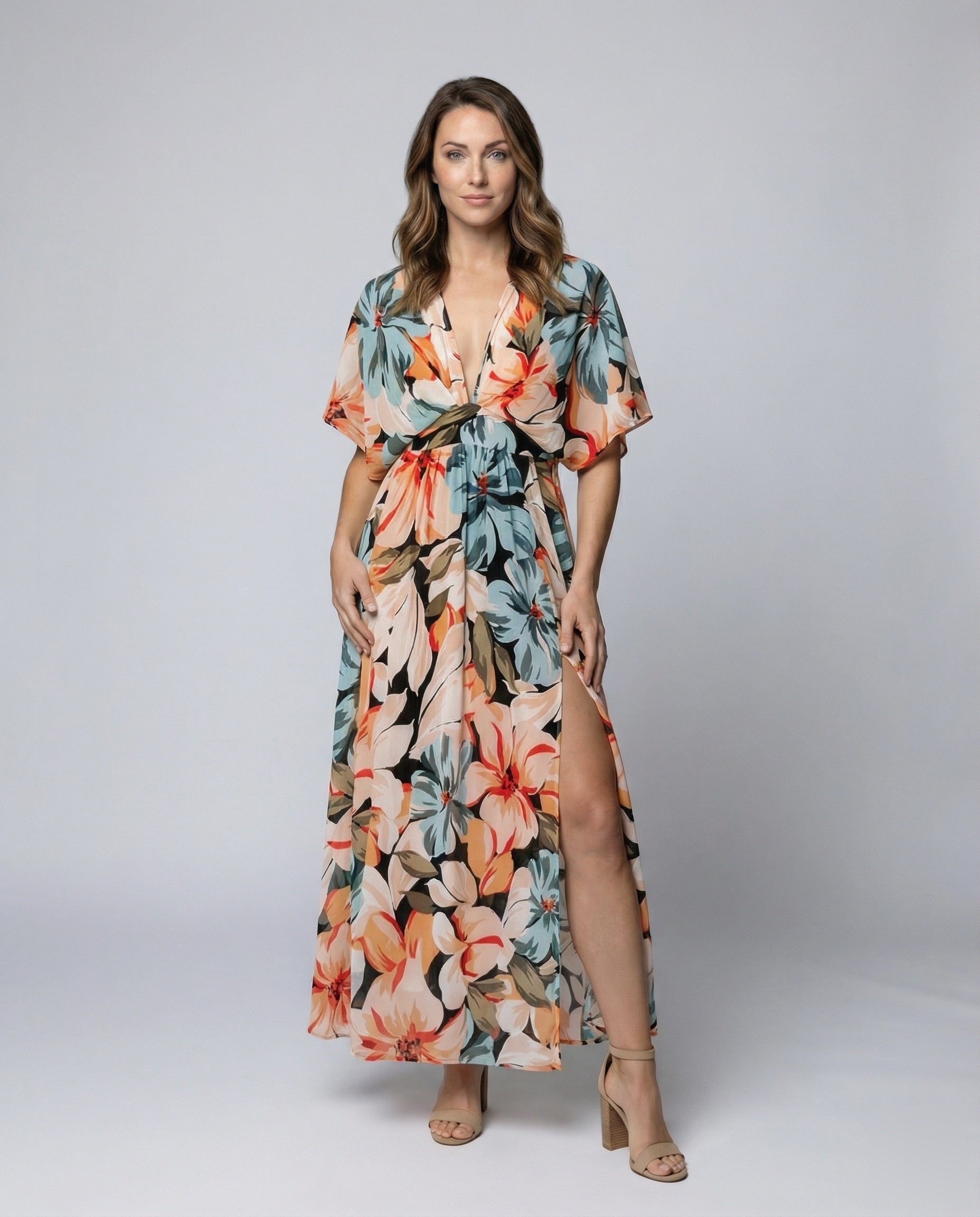 Damen Maxikleid Floralmuster Kimonoärmel - Norvielle