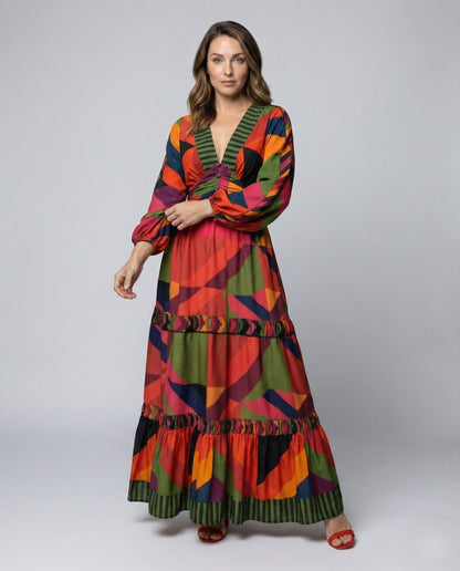 Damen Maxikleid Geometrisches Muster Ballonärmel - Norvielle