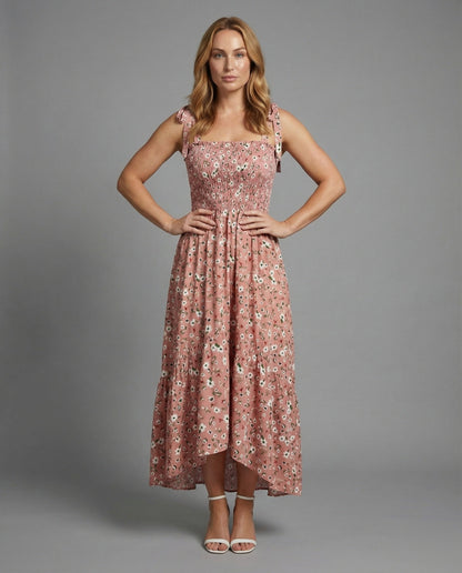 Damen Maxikleid Gesmoktes Design Schleifen-Träger - Norvielle