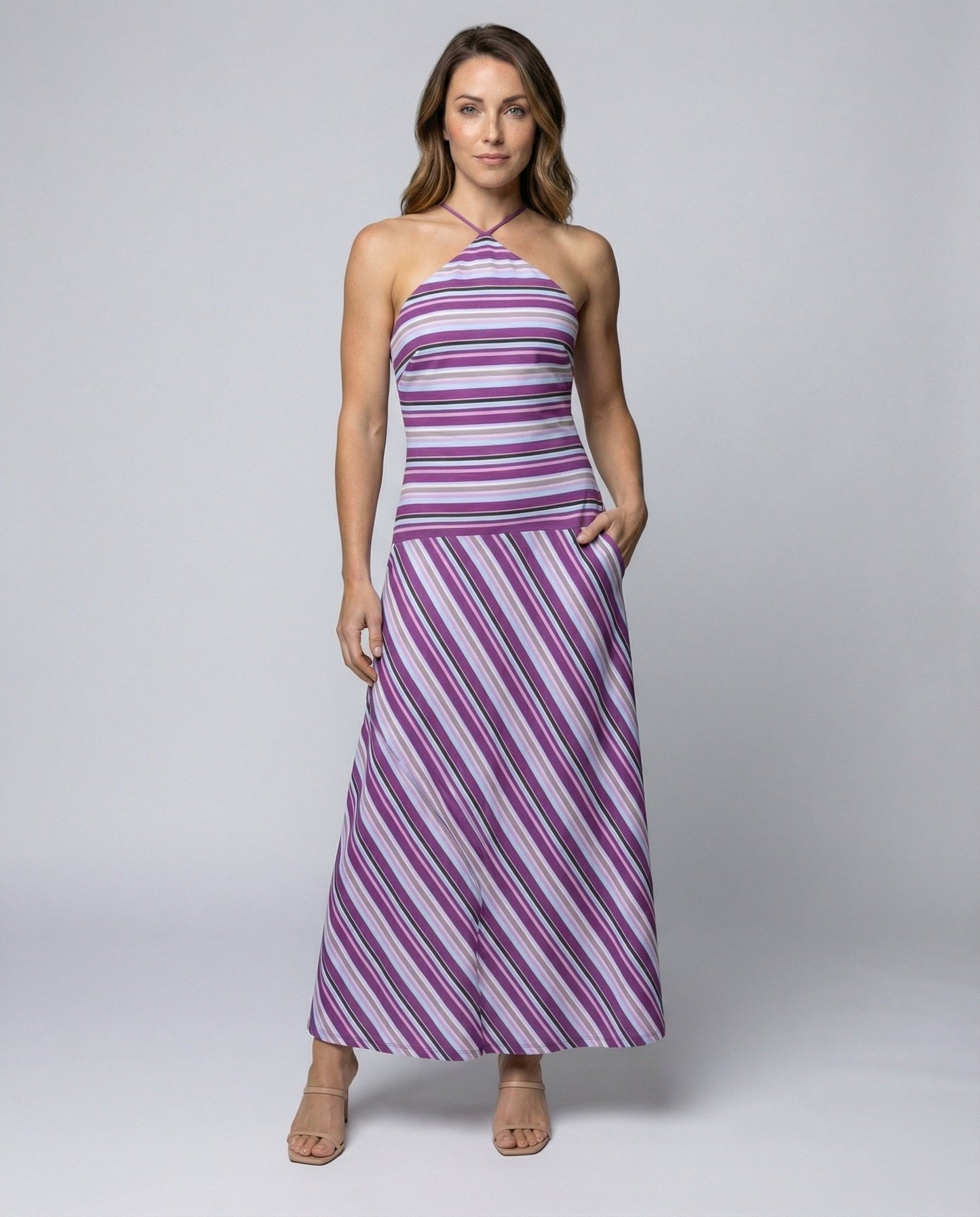 Damen Maxikleid Diagonalstreifen Baumwolle Gestreift Schwarzweiß - Norvielle