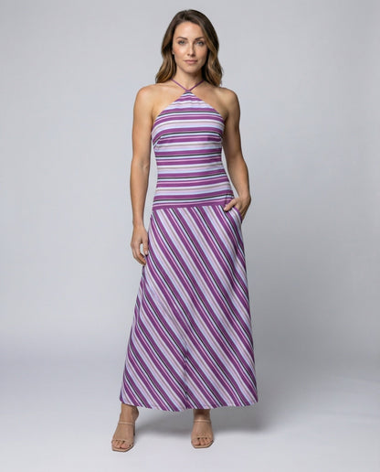 Damen Maxikleid Diagonalstreifen Baumwolle Gestreift Schwarzweiß - Norvielle