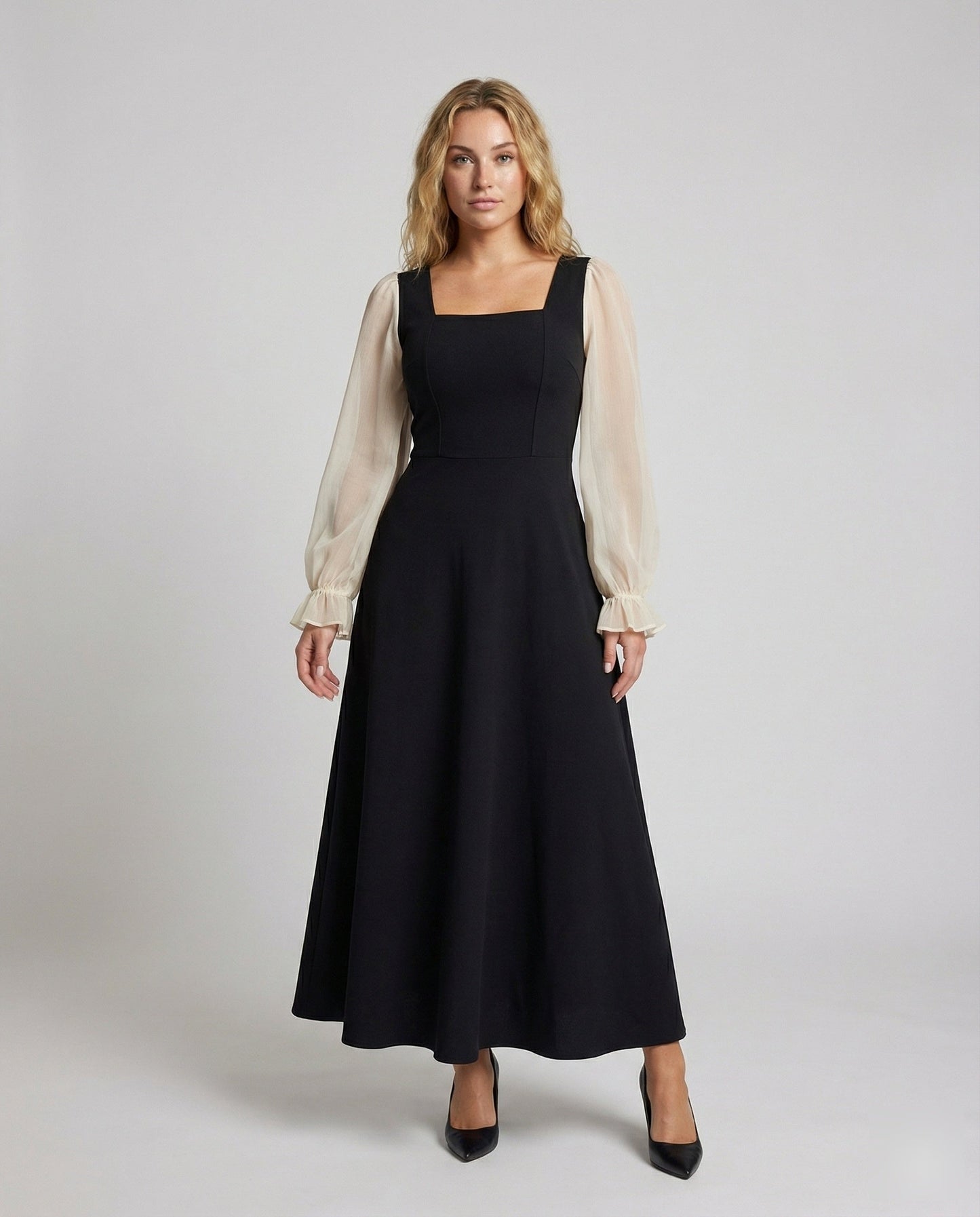 Damen Maxikleid A-Linie mit Organza Ballonärmeln - Norvielle