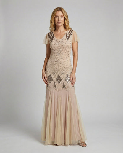 Damen Abendrobe Art Deco Pailletten Tüll Schwarz - Norvielle