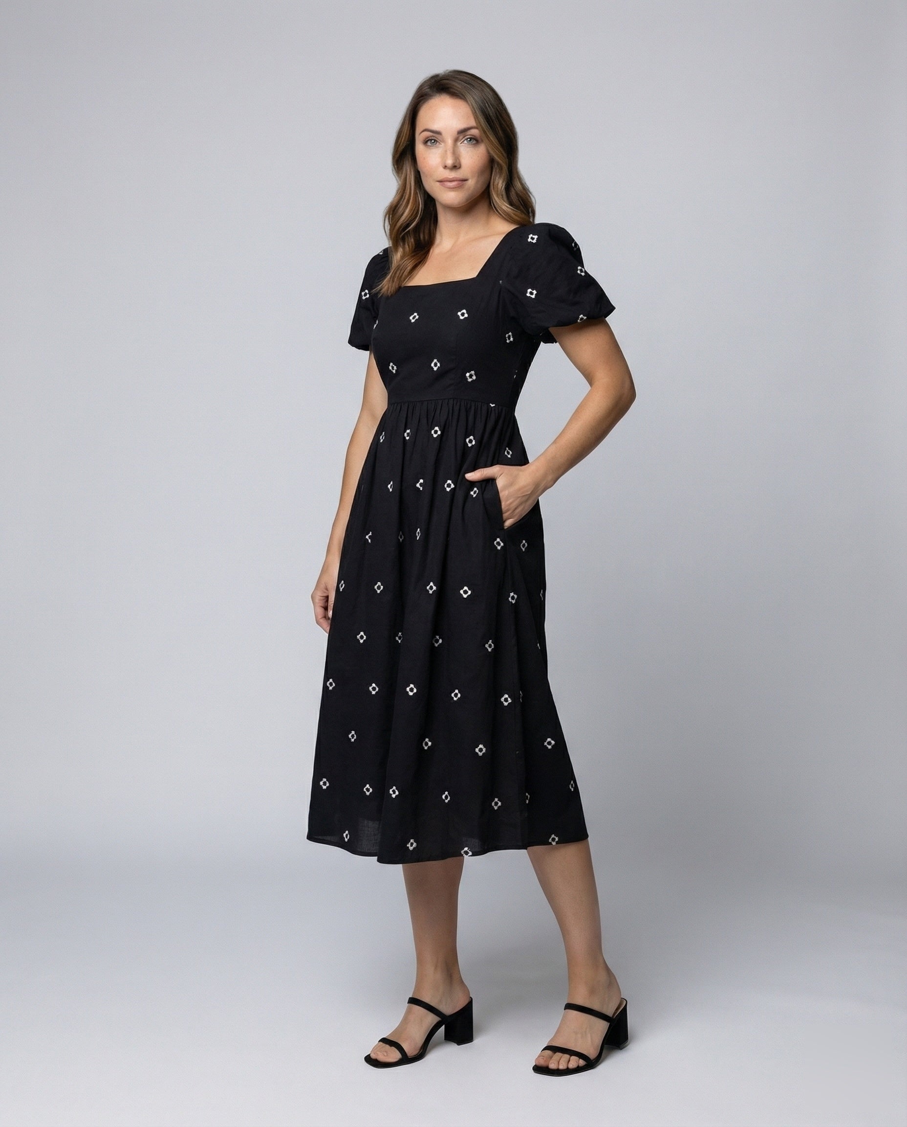 Damen Midikleid mit Puffärmeln Bestickung - Norvielle