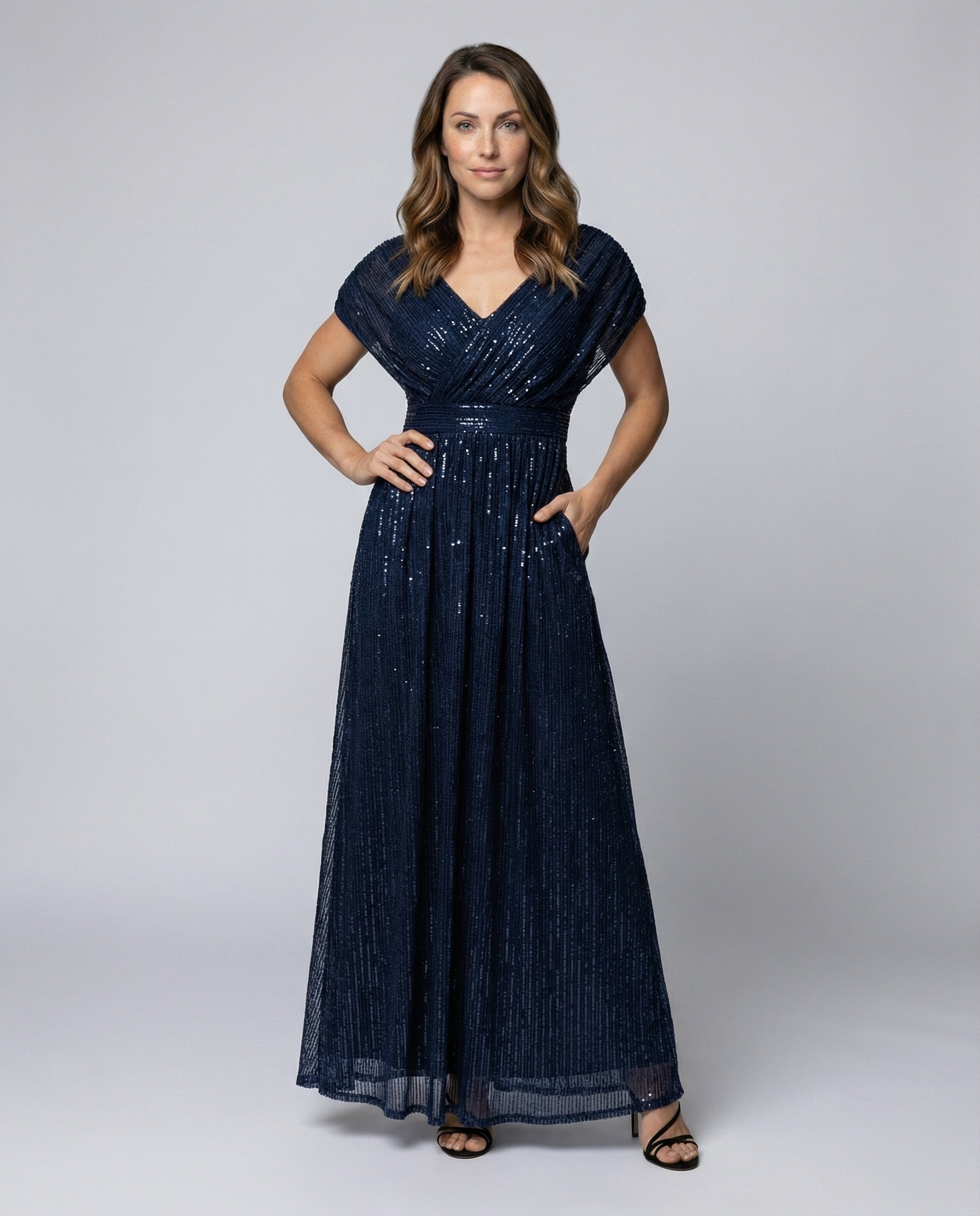 Damen Abendkleid Glanztüll V-Ausschnitt Bodenlang Schwarz - Norvielle