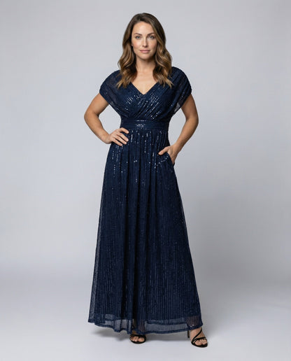 Damen Abendkleid Glanztüll V-Ausschnitt Bodenlang Schwarz - Norvielle