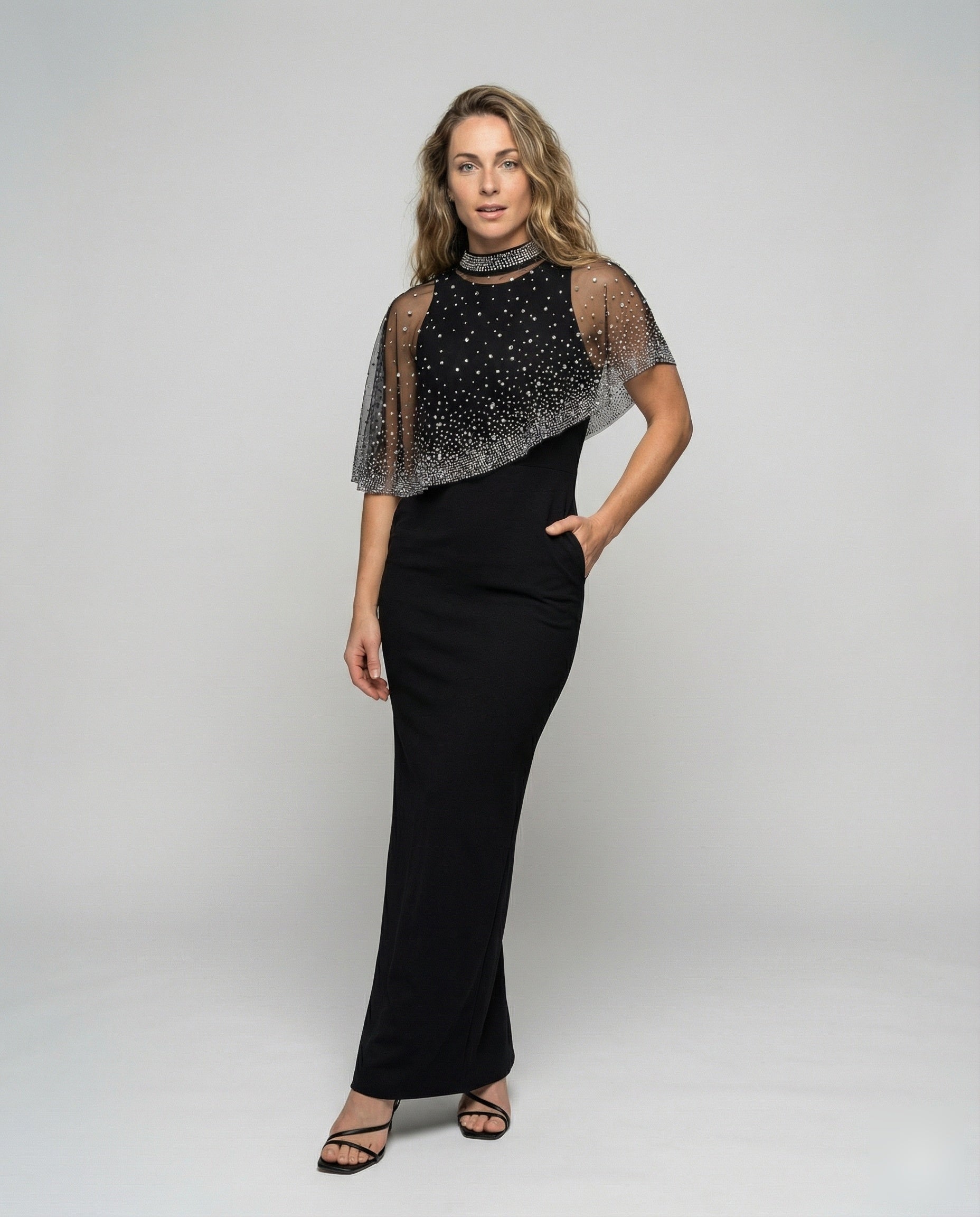 Damen Abendkleid mit Schultercape Elegantes Schwarz - Norvielle