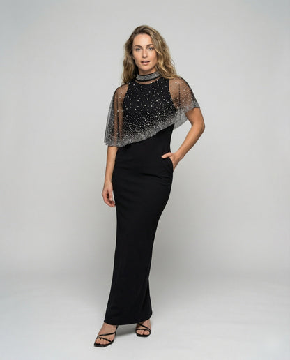 Damen Abendkleid mit Schultercape Elegantes Schwarz - Norvielle