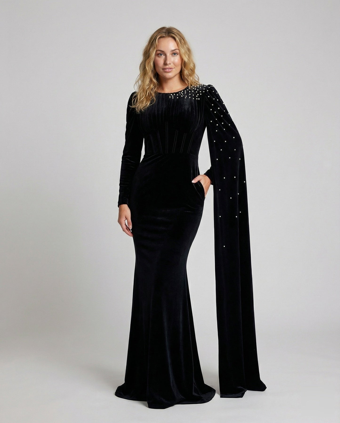 Damen Abendkleid Samt Perlencape Schwarz - Norvielle