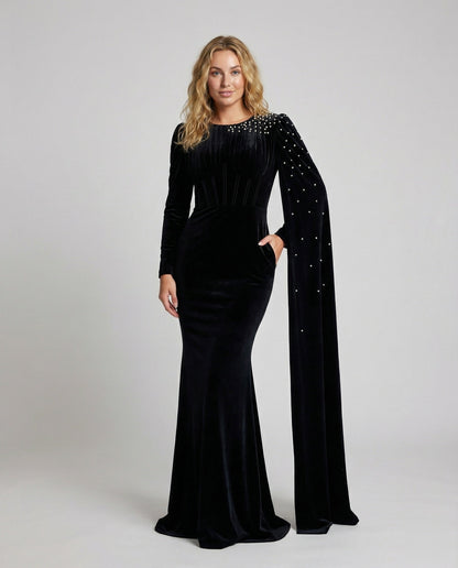Damen Abendkleid Samt Perlencape Schwarz - Norvielle