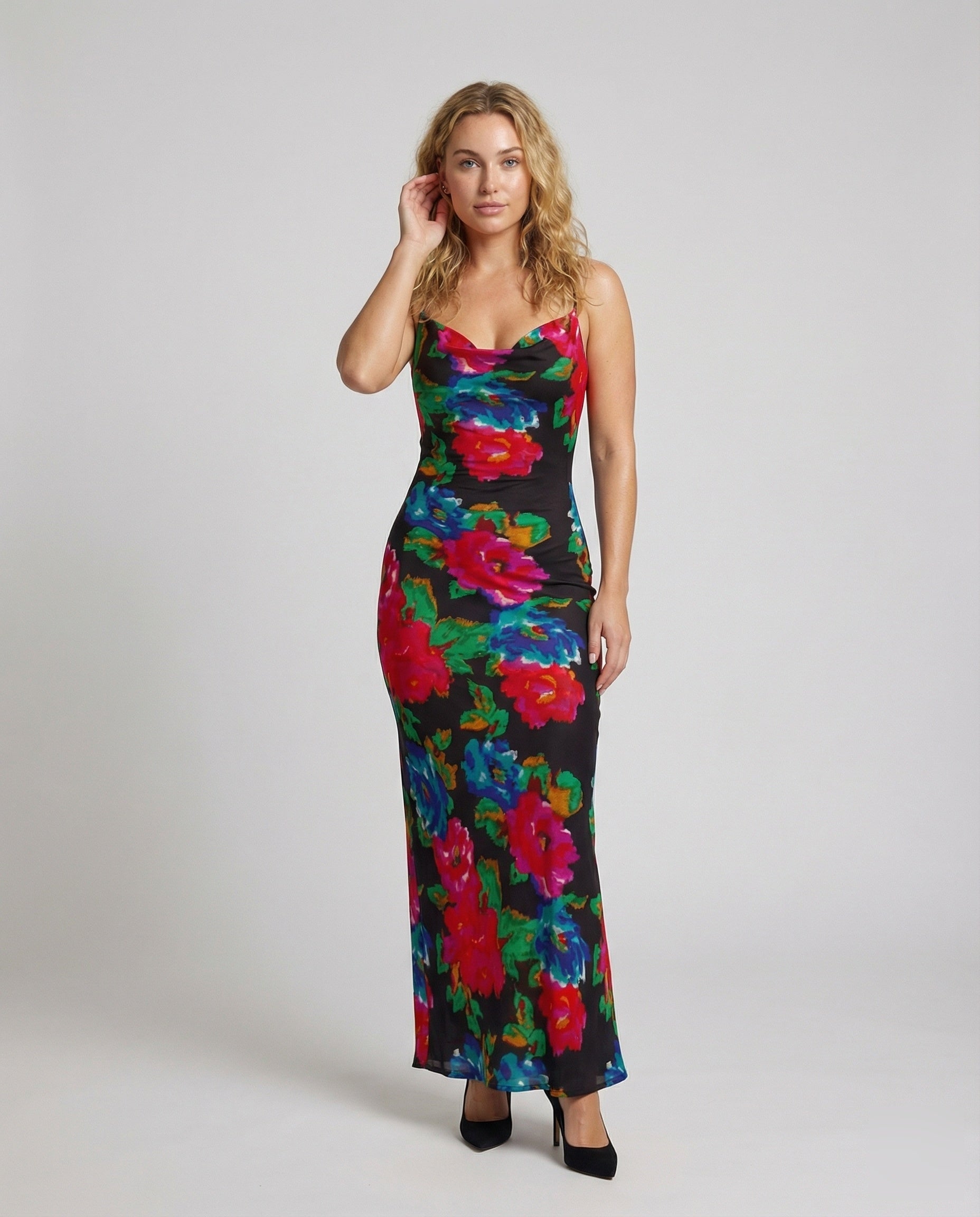 Damen Maxikleid mit Wellenprint Figurbetont Schwarz - Norvielle
