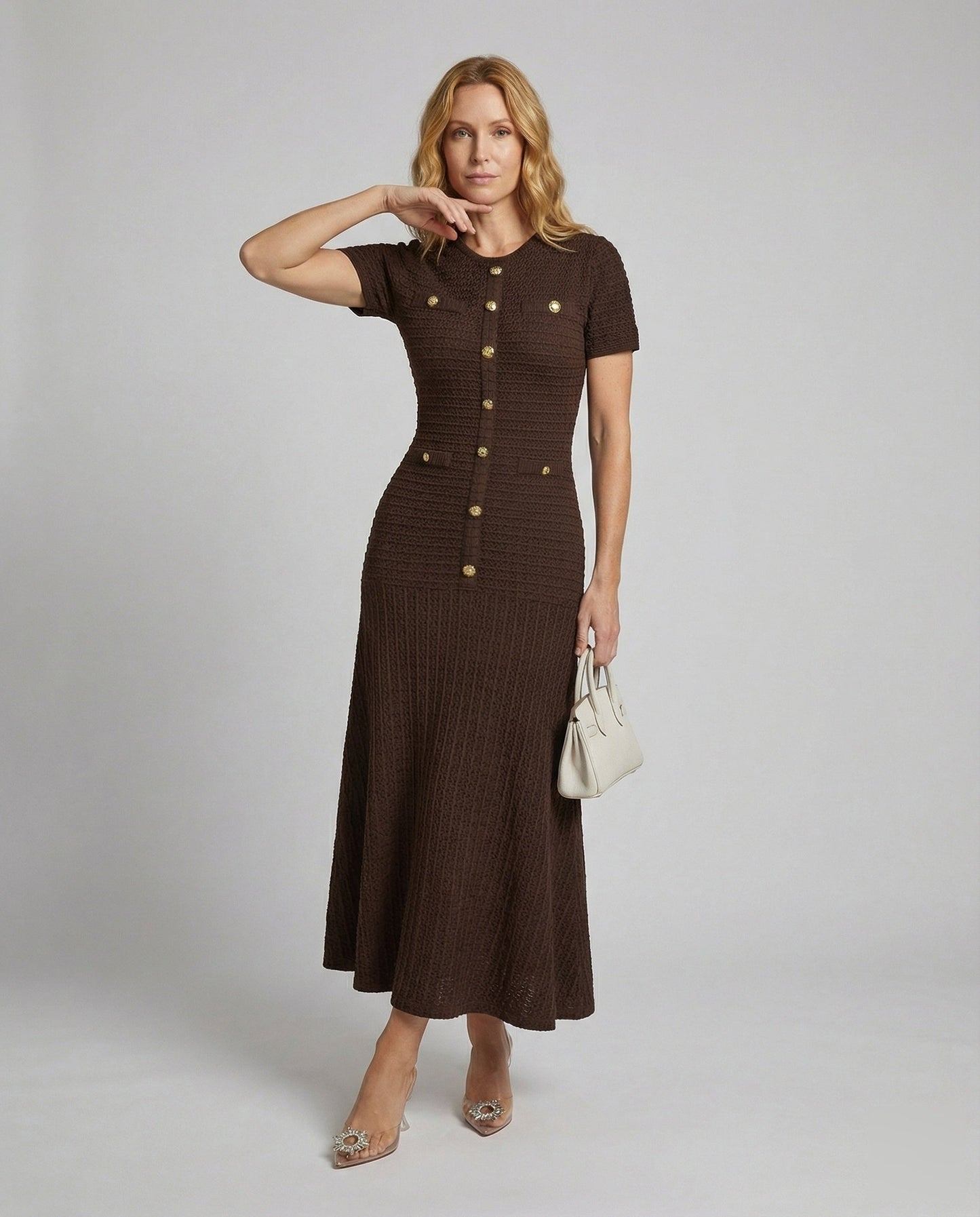 Damen Waffelstrick Maxikleid Figurbetont Schwarz - Norvielle