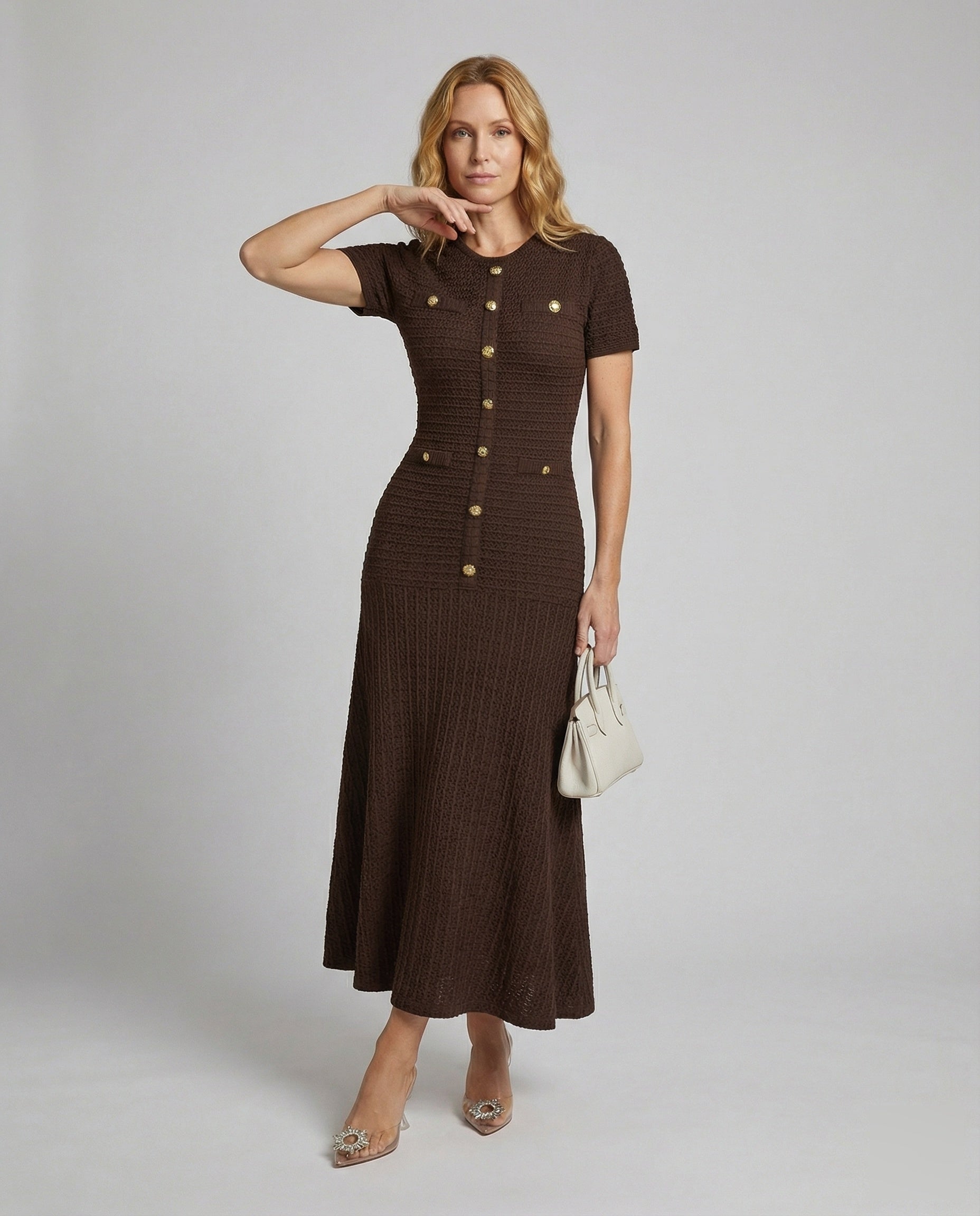 Damen Waffelstrick Maxikleid Figurbetont Schwarz - Norvielle