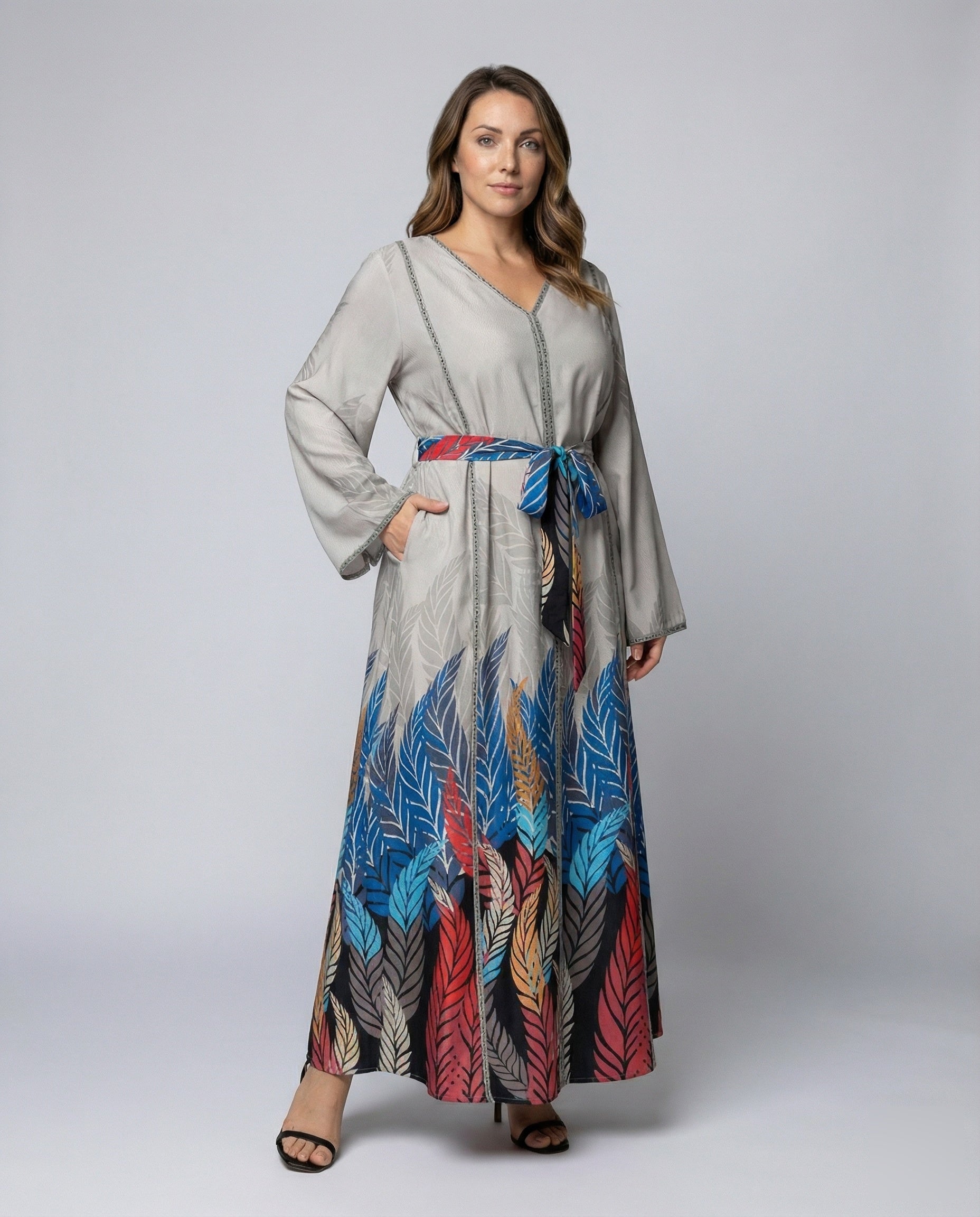 Damen Maxikleid Blattprint Fließend - Norvielle
