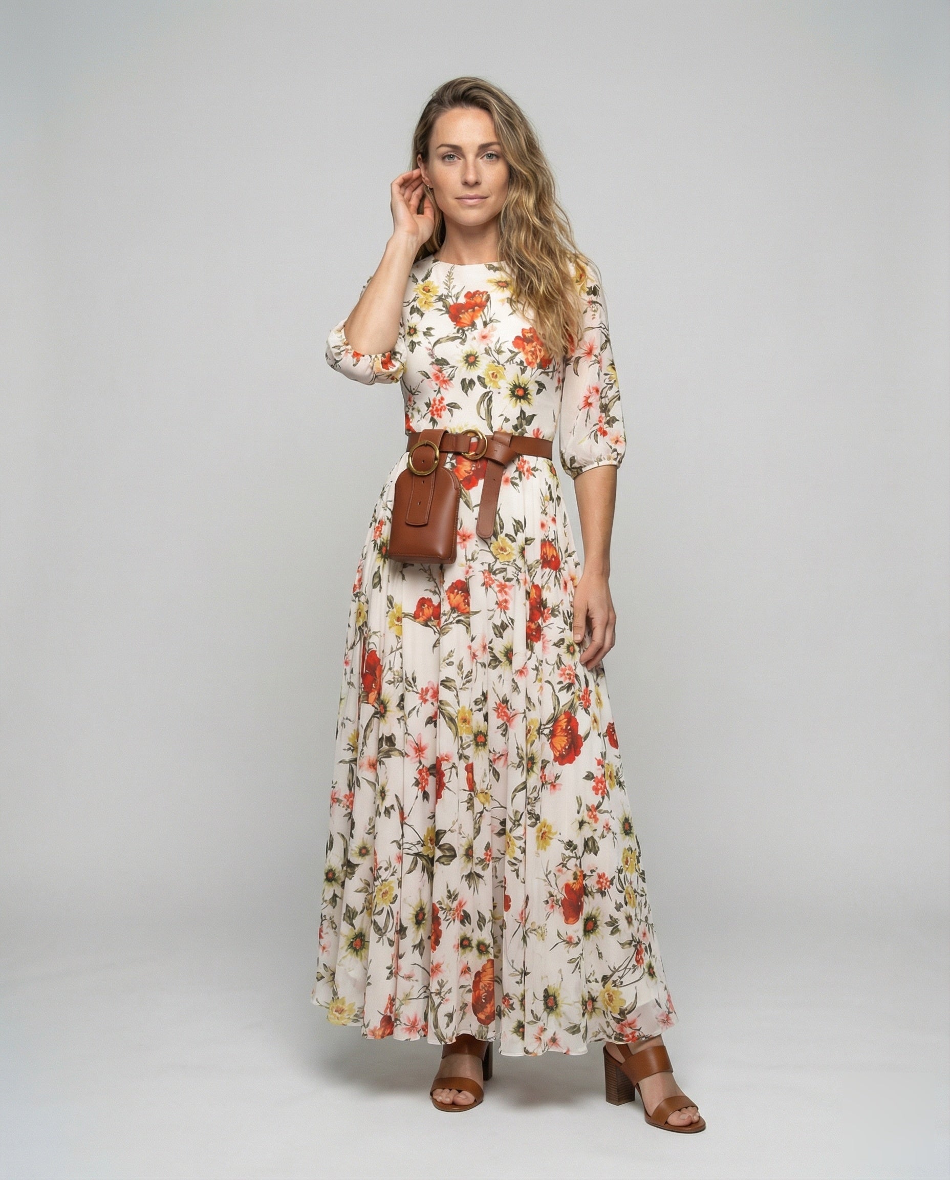 Damen Maxikleid Chiffon Blumenmuster Ballonärmel - Norvielle
