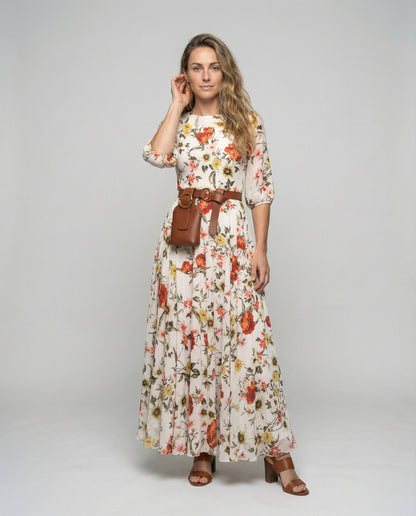 Damen Maxikleid Chiffon Blumenmuster Ballonärmel - Norvielle